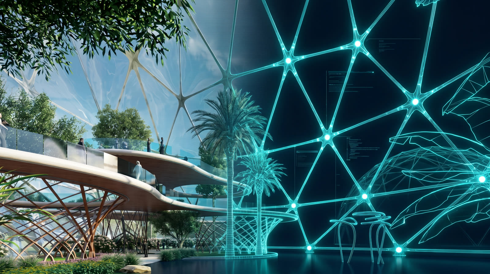 The Visitors Pavilion at King Salman Park — a Design Zone project — as a BIM digital twin: the photoreal structure dissolving into its glowing structural wireframe