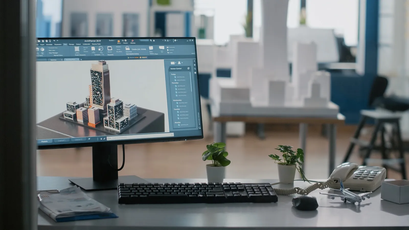 A 3D building model and construction layout open on a monitor in an engineering office