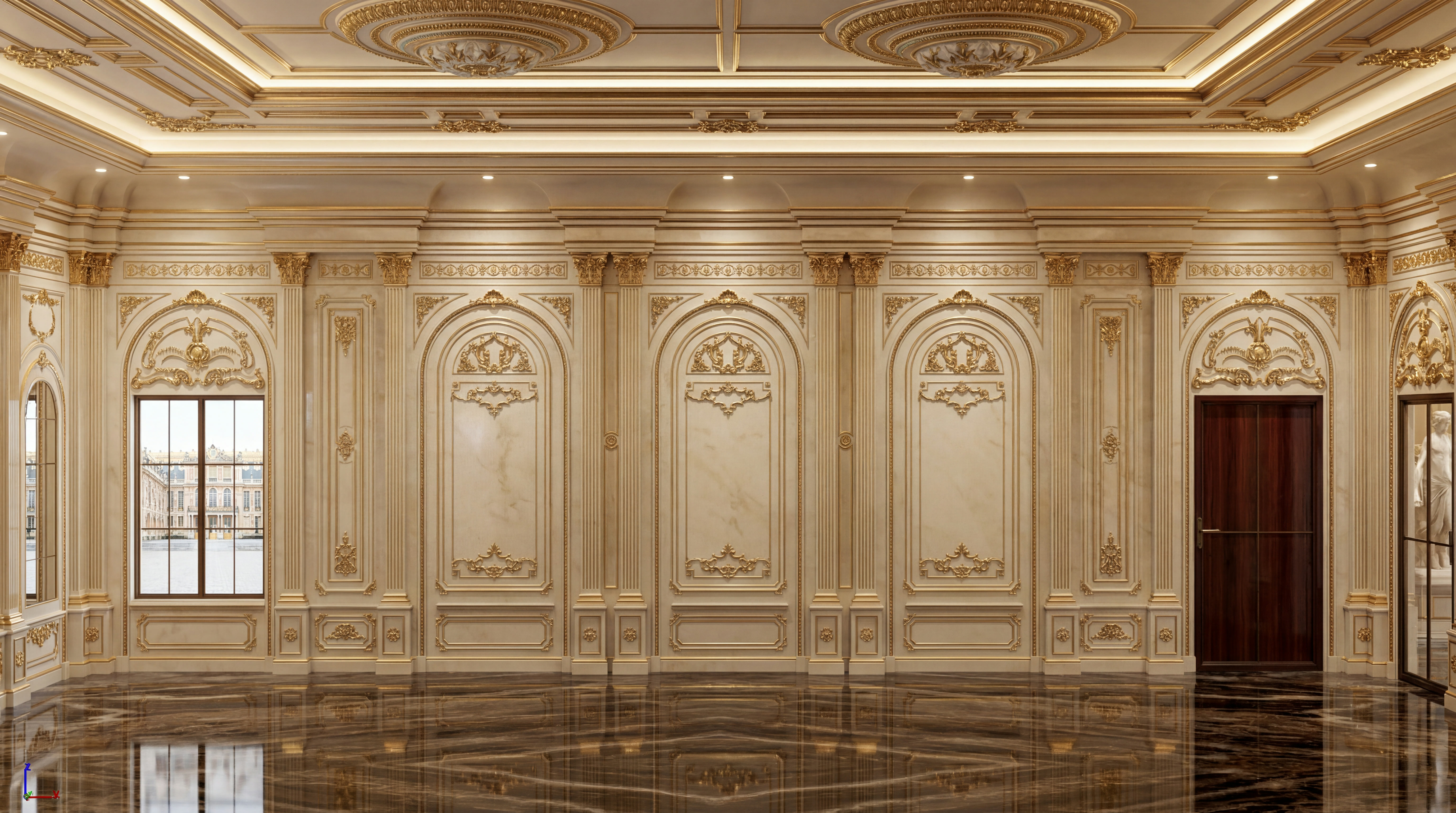 Old Classic interior — gold and ivory paneled palace hall with marble floor