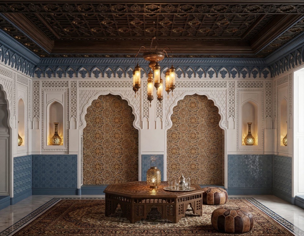 Modern Islamic interior — refined blue and white geometric tile work, gold lanterns